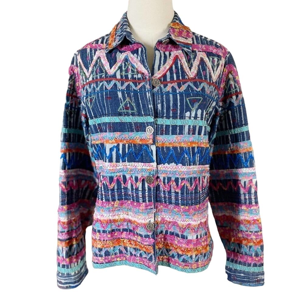 Vintage Chico’s Scrap Art Denim Jacket Multicolor Embroidery Medium (Size 1) - Picture 6 of 12